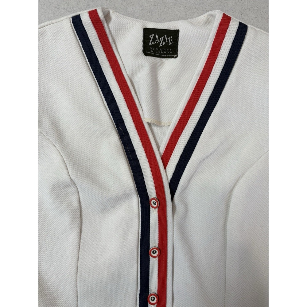 Vtg 70s Zazie London Mod Tennis Dress White Pleated Mini Red Blue XS S 17" P2P - Picture 4 of 11